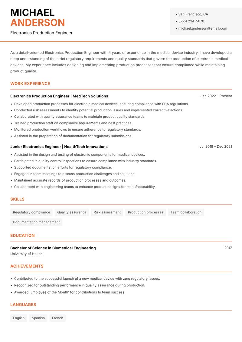 Electronics Production Engineer resume template — Modern Professional