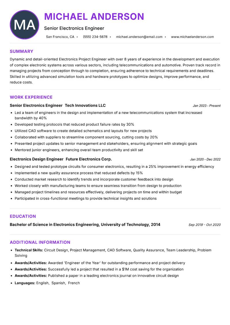 Electronics Project Engineer resume example — ATS-friendly template