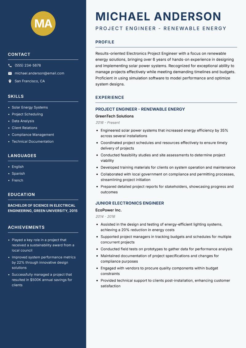 Electronics Project Engineer resume template — Classic Clean
