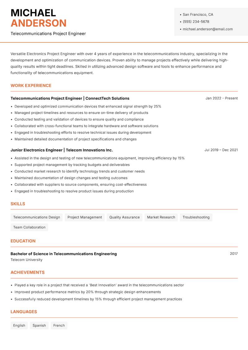 Electronics Project Engineer resume template — Modern Professional