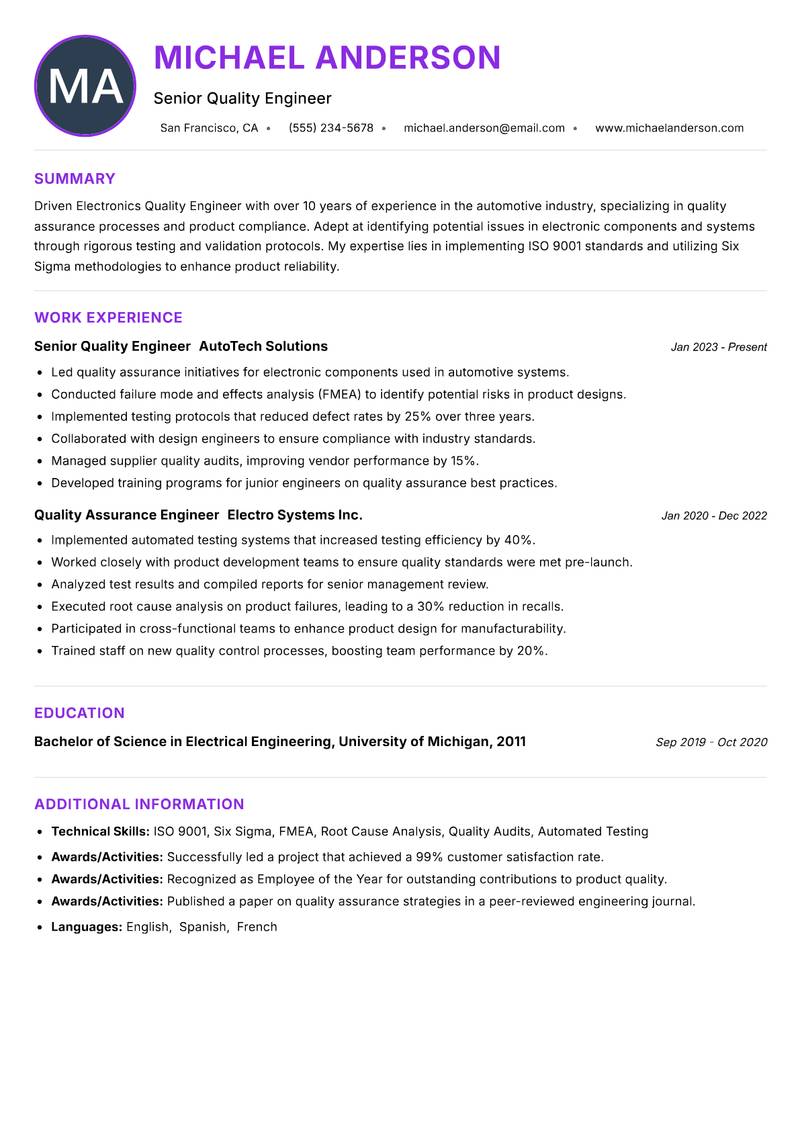 Electronics Quality Engineer resume example — ATS-friendly template
