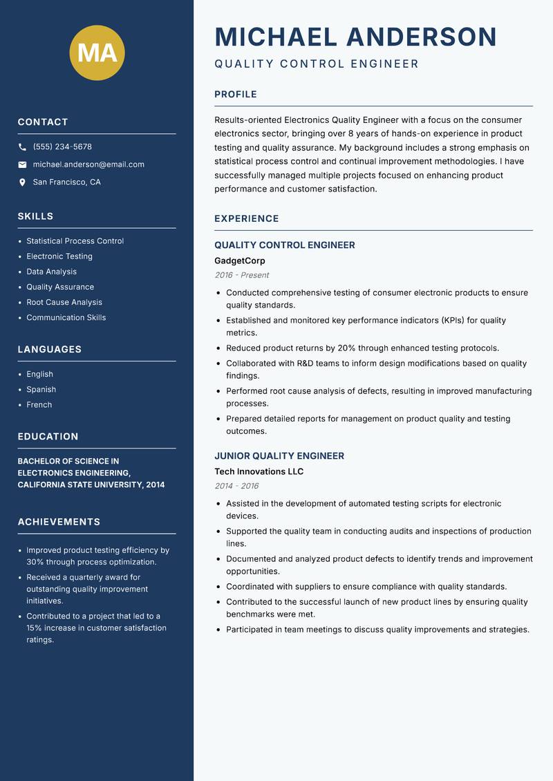 Electronics Quality Engineer resume template — Classic Clean