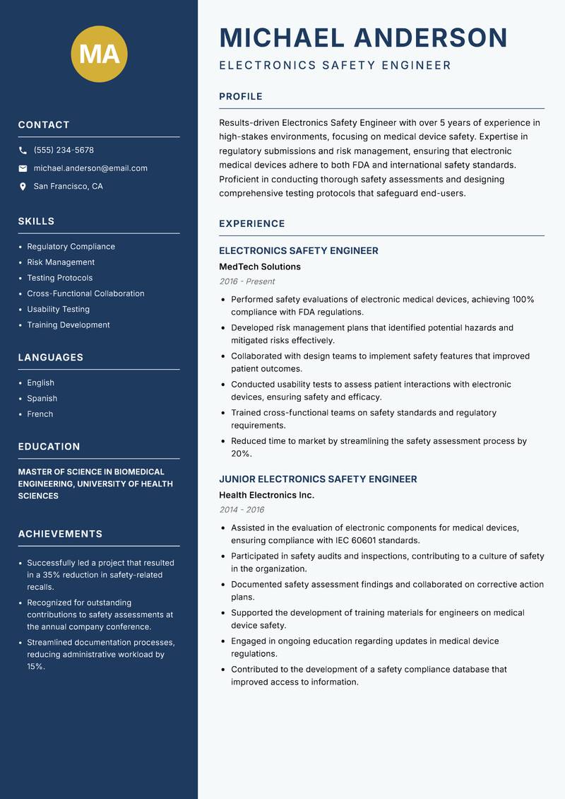 Electronics Safety Engineer resume template — Classic Clean
