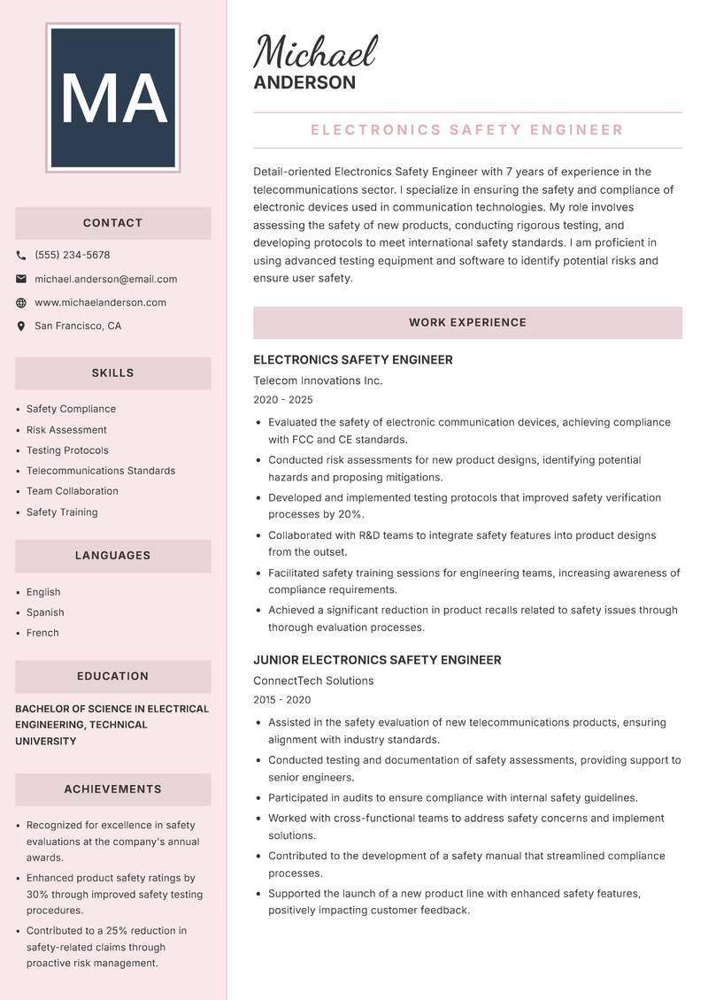 Electronics Safety Engineer resume template — Executive