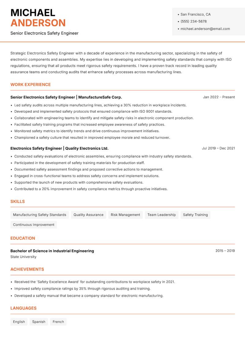 Electronics Safety Engineer resume template — Modern Professional