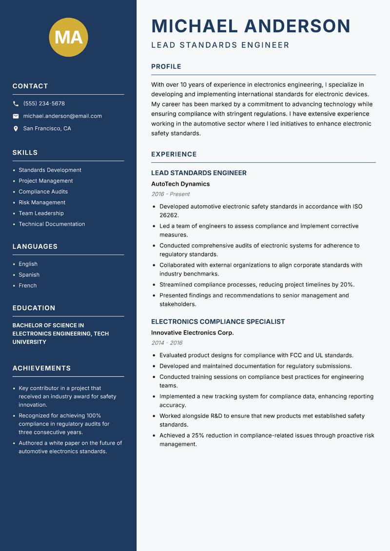 Electronics Standards Engineer resume template — Classic Clean