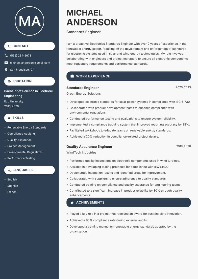 Electronics Standards Engineer resume template — Compact