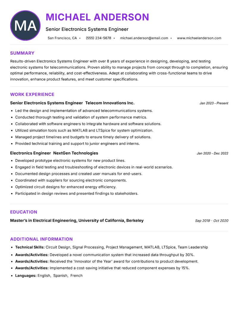 Electronics Systems Engineer resume example — ATS-friendly template