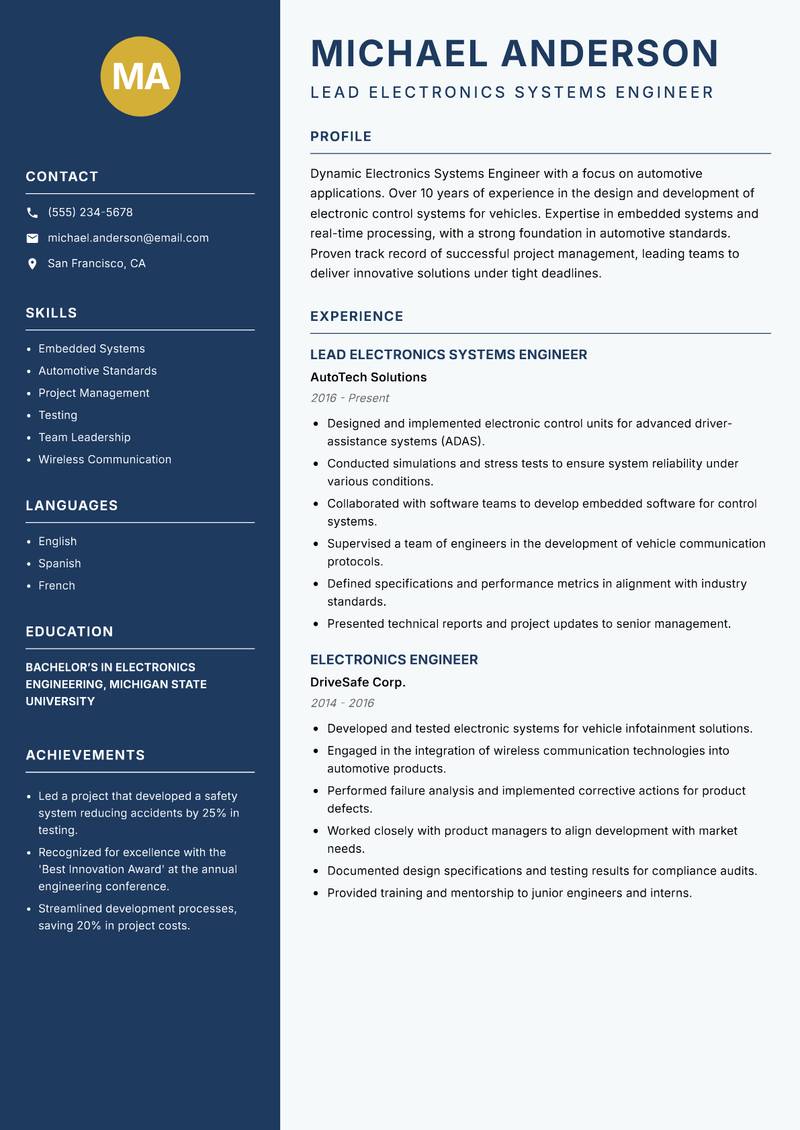 Electronics Systems Engineer resume template — Classic Clean
