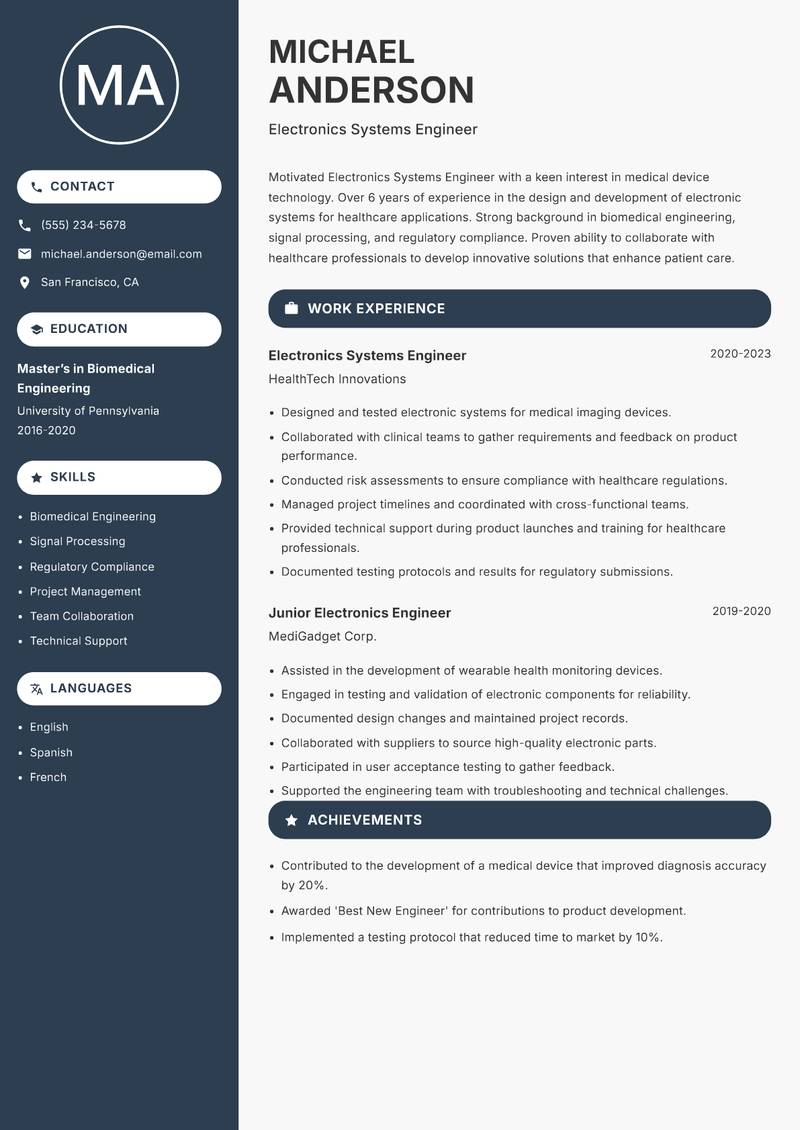 Electronics Systems Engineer resume template — Compact