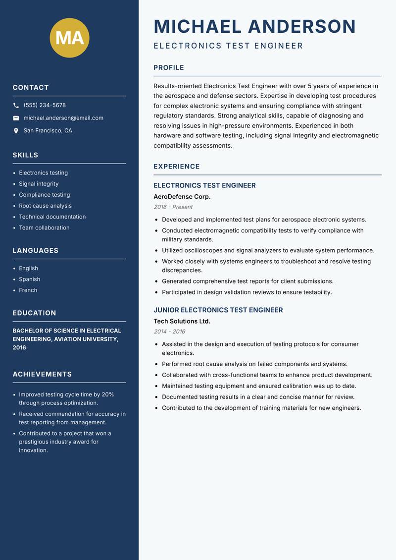 Electronics Test Engineer resume template — Classic Clean