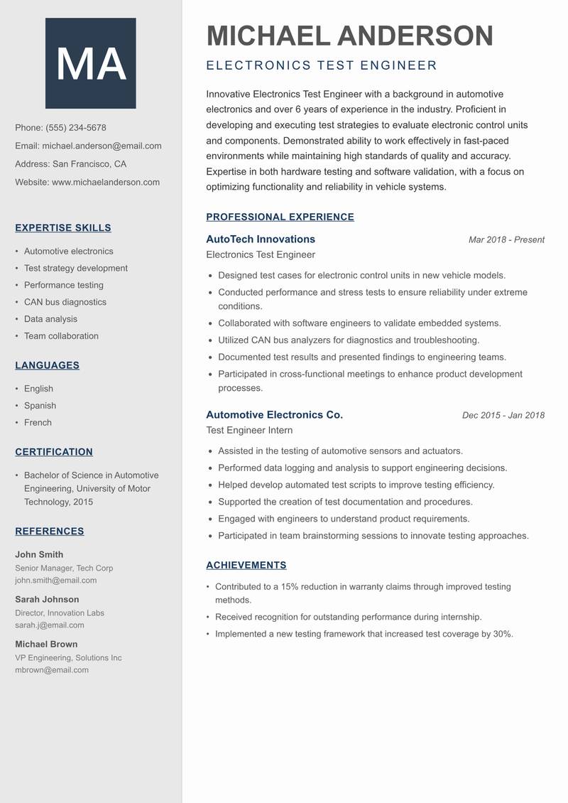 Electronics Test Engineer resume template — Creative Minimal