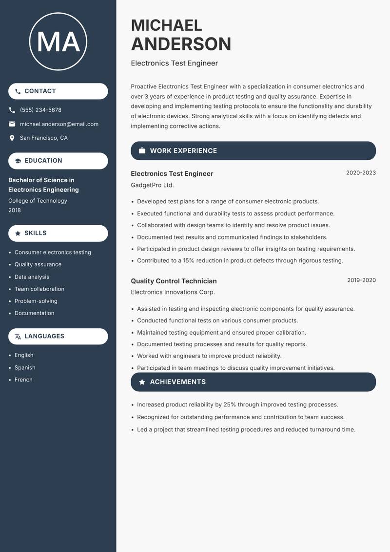 Electronics Test Engineer resume template — Compact