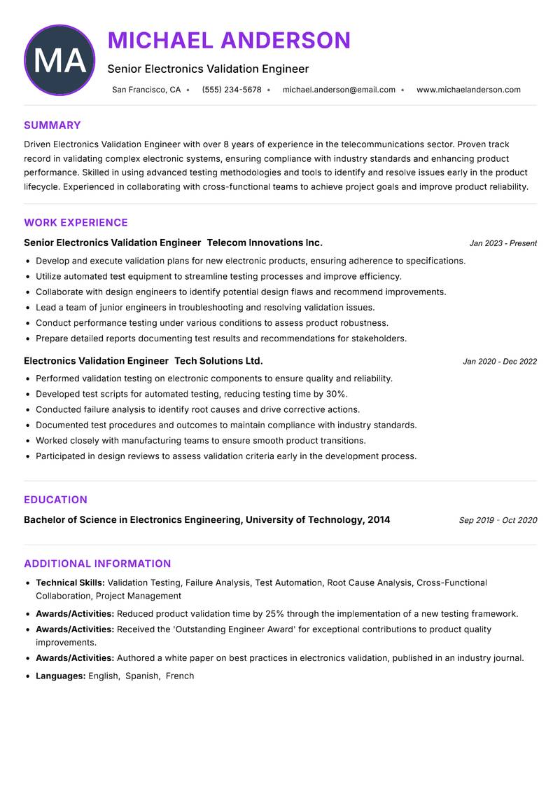 Electronics Validation Engineer resume example — ATS-friendly template