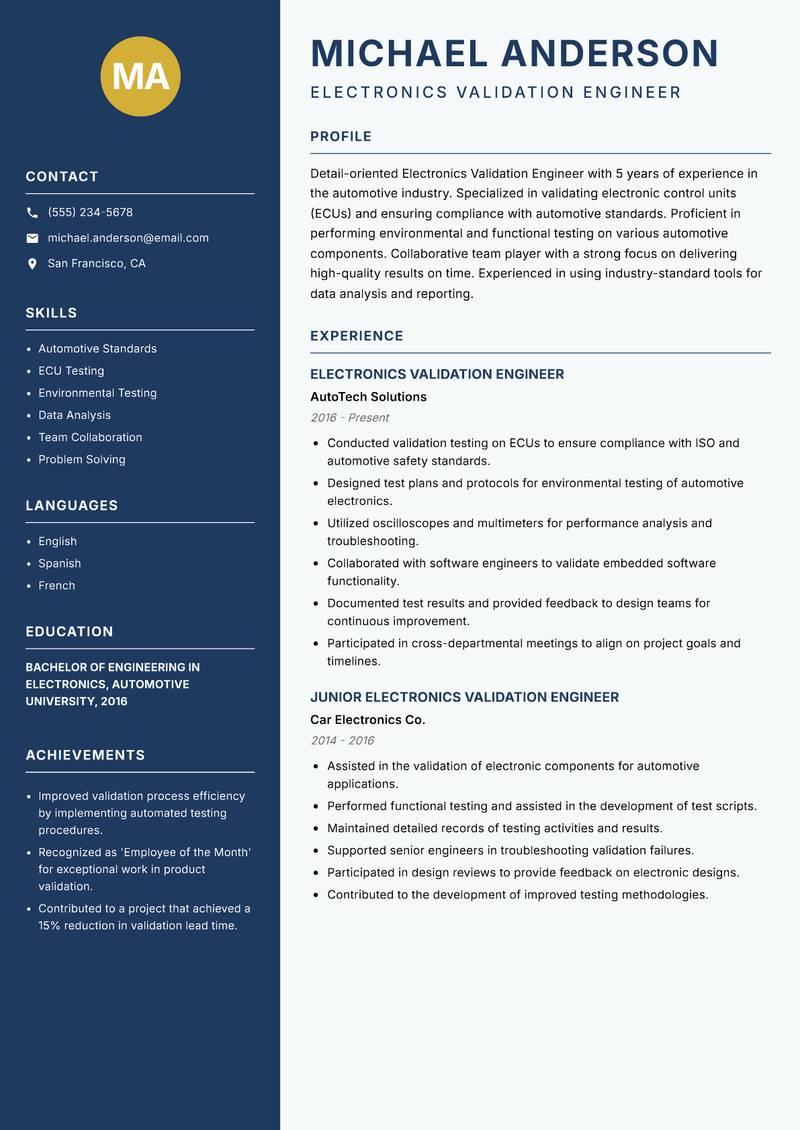 Electronics Validation Engineer resume template — Classic Clean