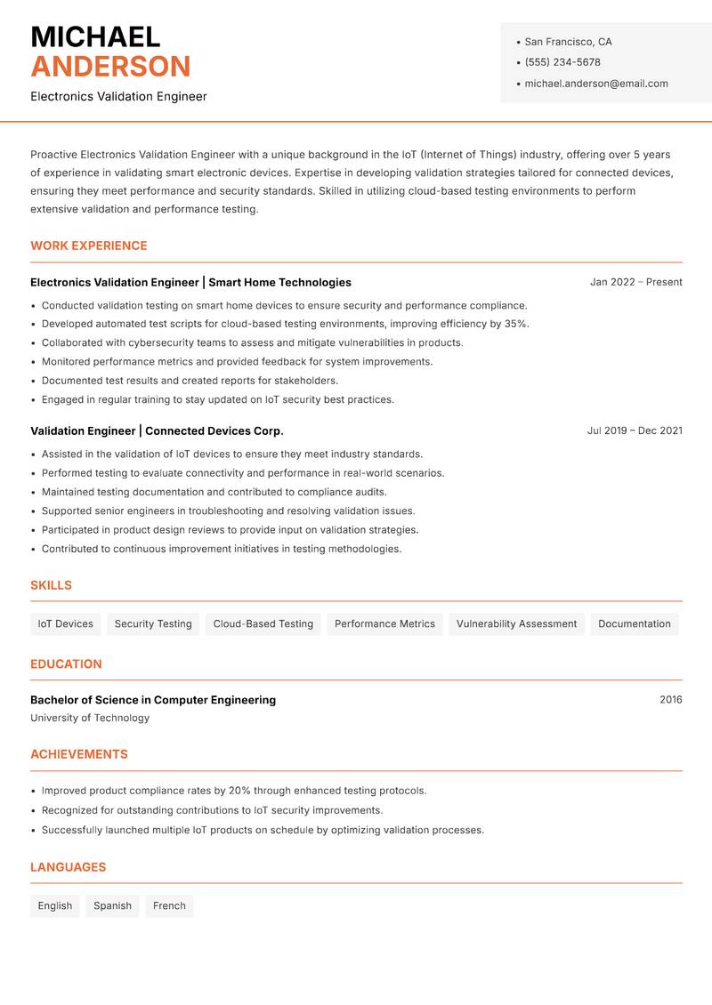Electronics Validation Engineer resume template — Modern Professional