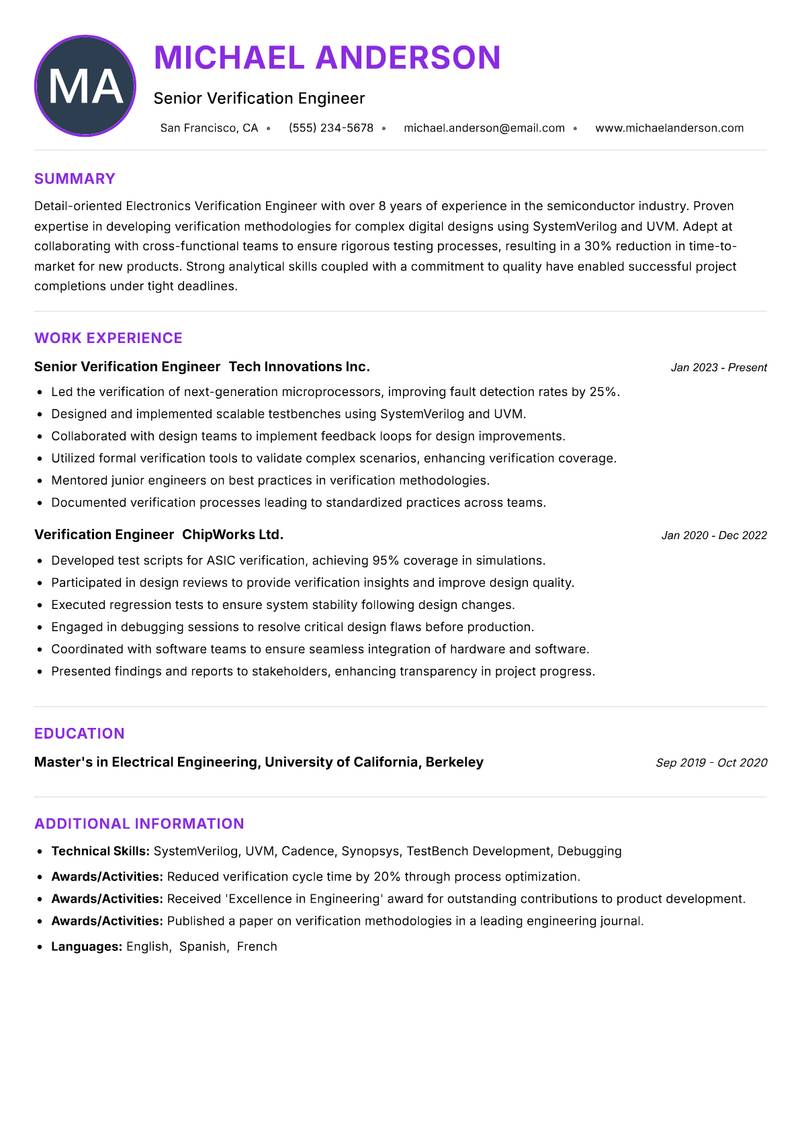 Electronics Verification Engineer resume example — ATS-friendly template