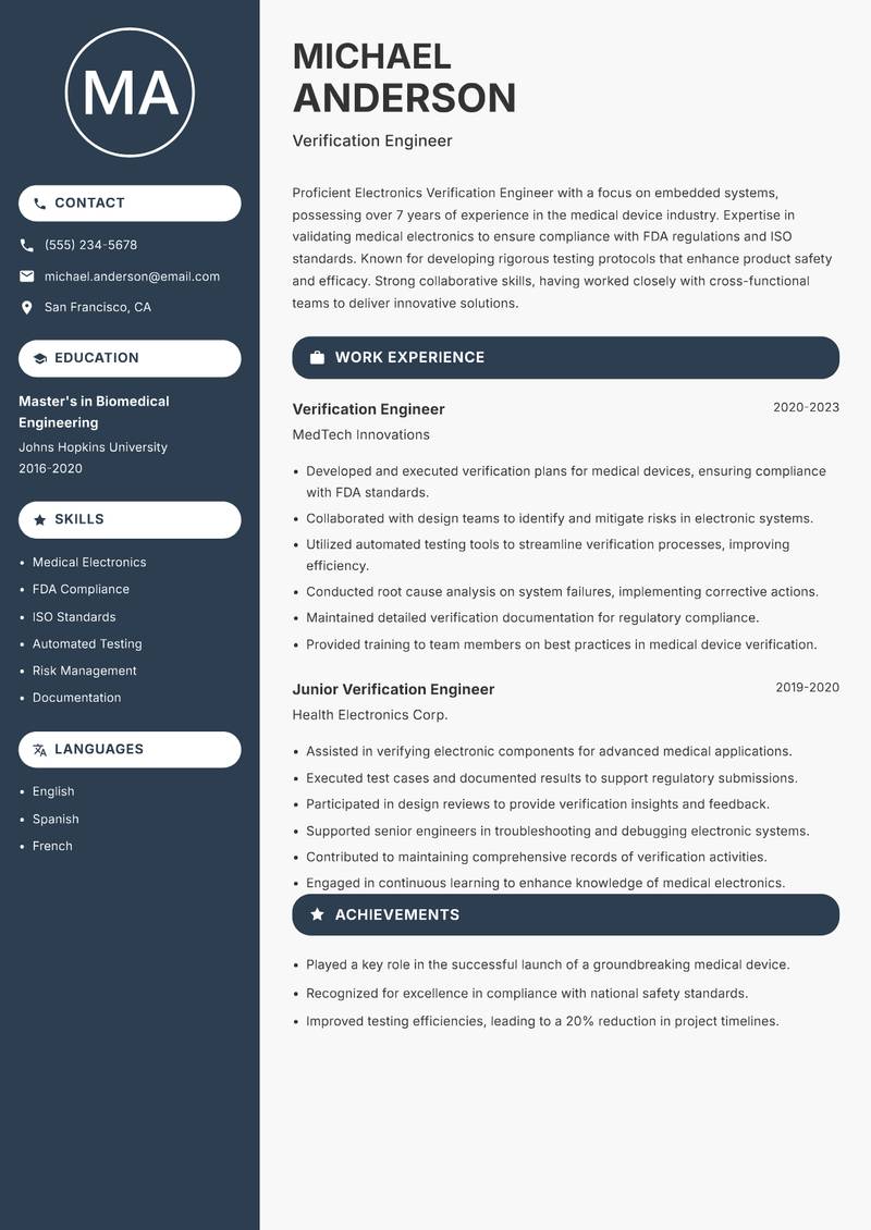 Electronics Verification Engineer resume template — Compact