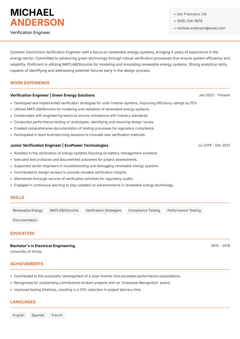 Electronics Verification Engineer resume template — Modern Professional