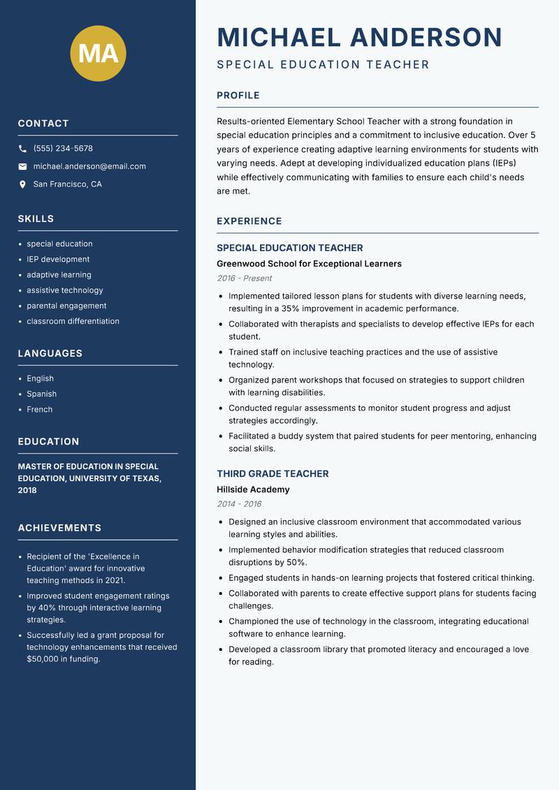 Elementary School Teacher resume template — Classic Clean