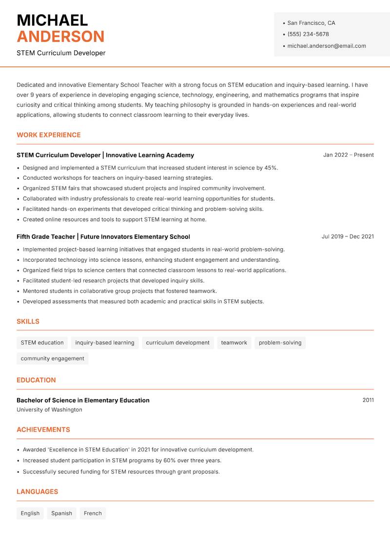 Elementary School Teacher resume template — Modern Professional