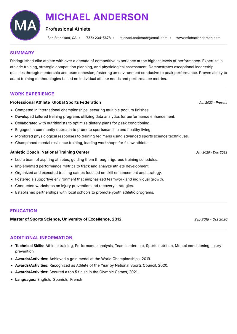 Elite Athlete resume example — ATS-friendly template