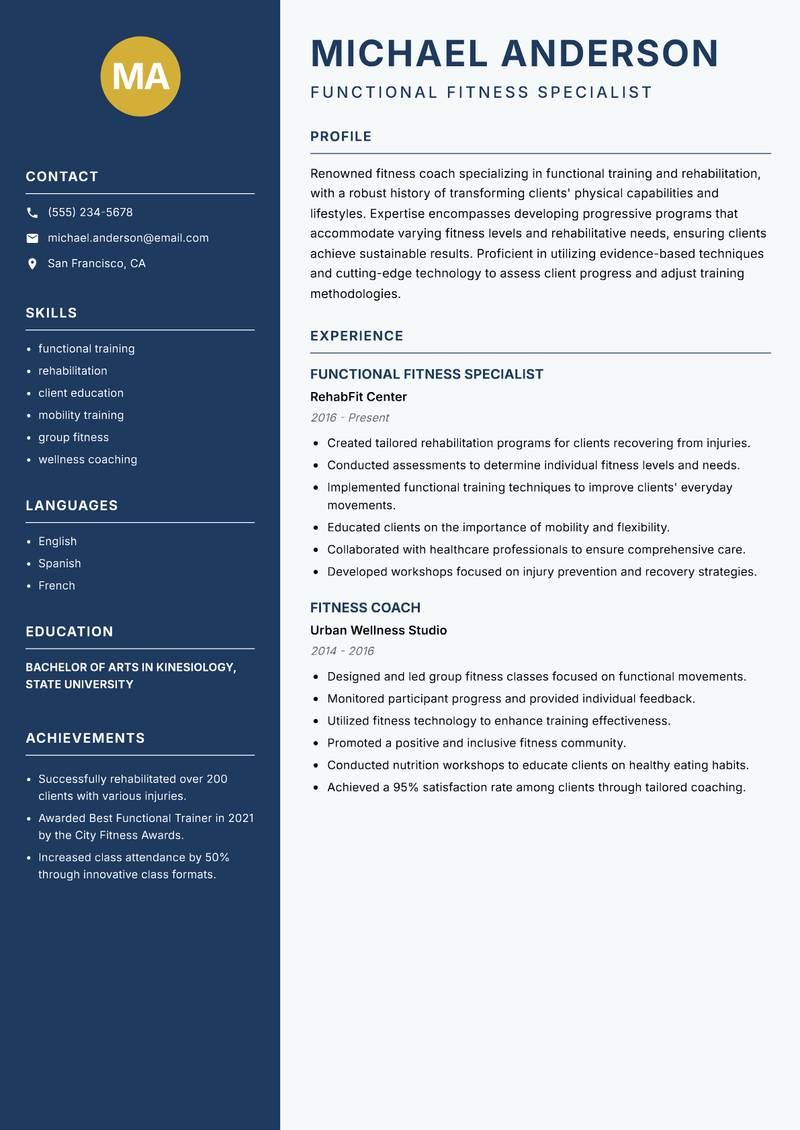 Elite Fitness Coach resume template — Classic Clean