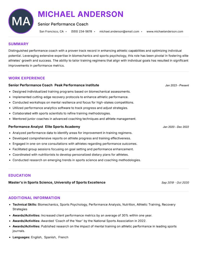 Elite Performance Coach resume example — ATS-friendly template
