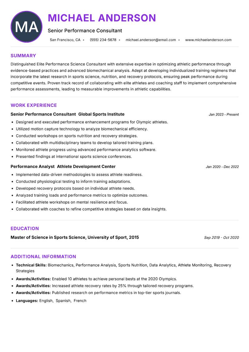 Elite Performance Science Consultant resume example — ATS-friendly template