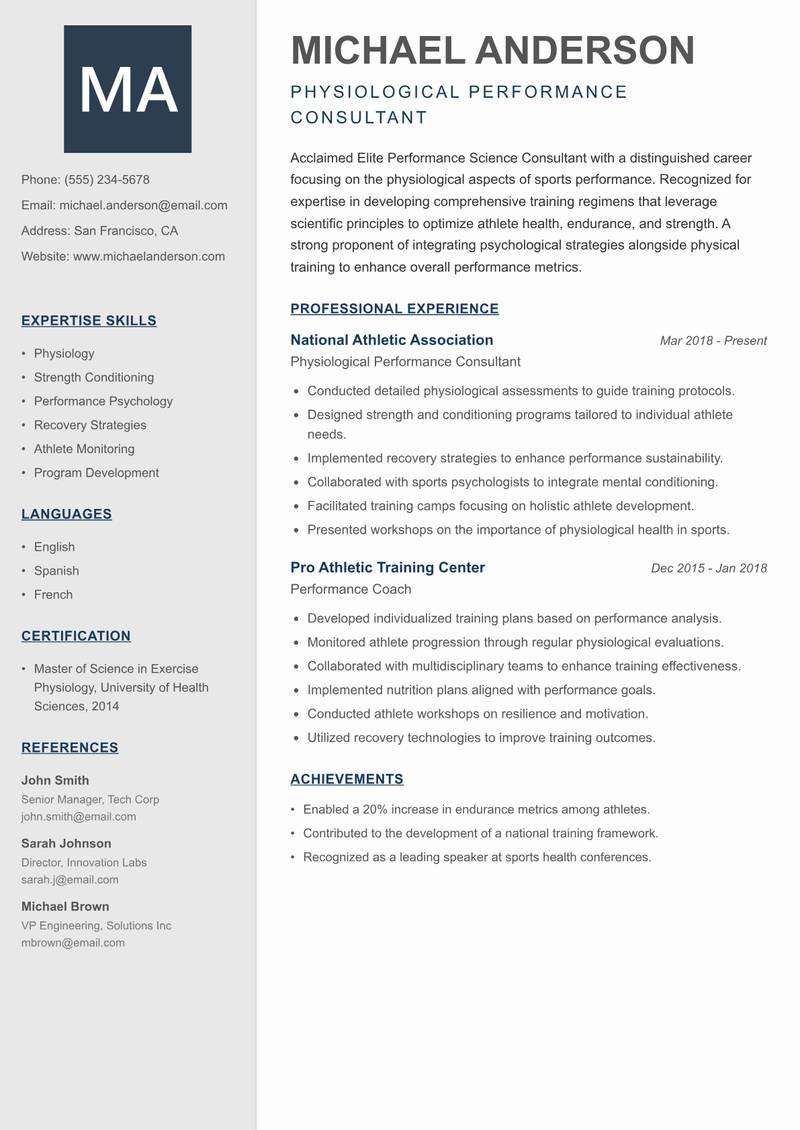 Elite Performance Science Consultant resume template — Creative Minimal