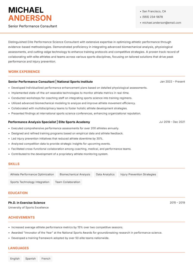 Elite Performance Science Consultant resume template — Modern Professional