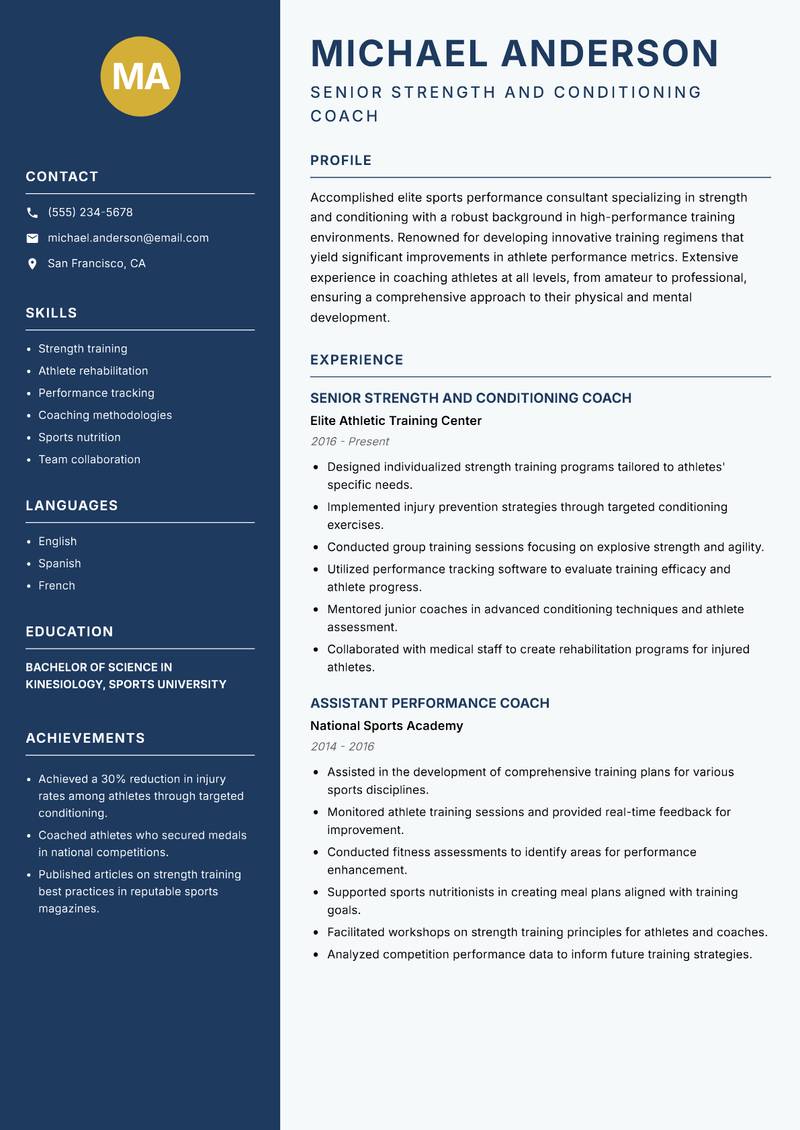 Elite Sports Performance Consultant resume template — Classic Clean