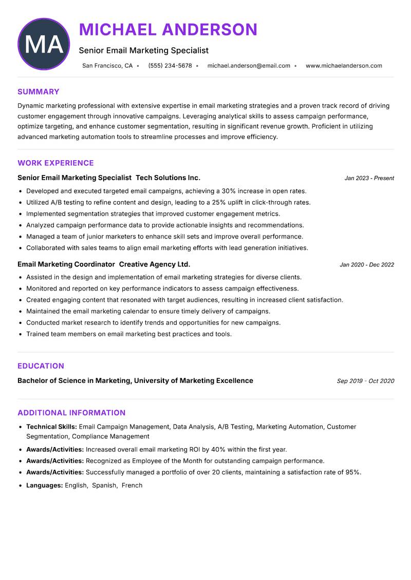 Email Marketing Executive resume example — ATS-friendly template