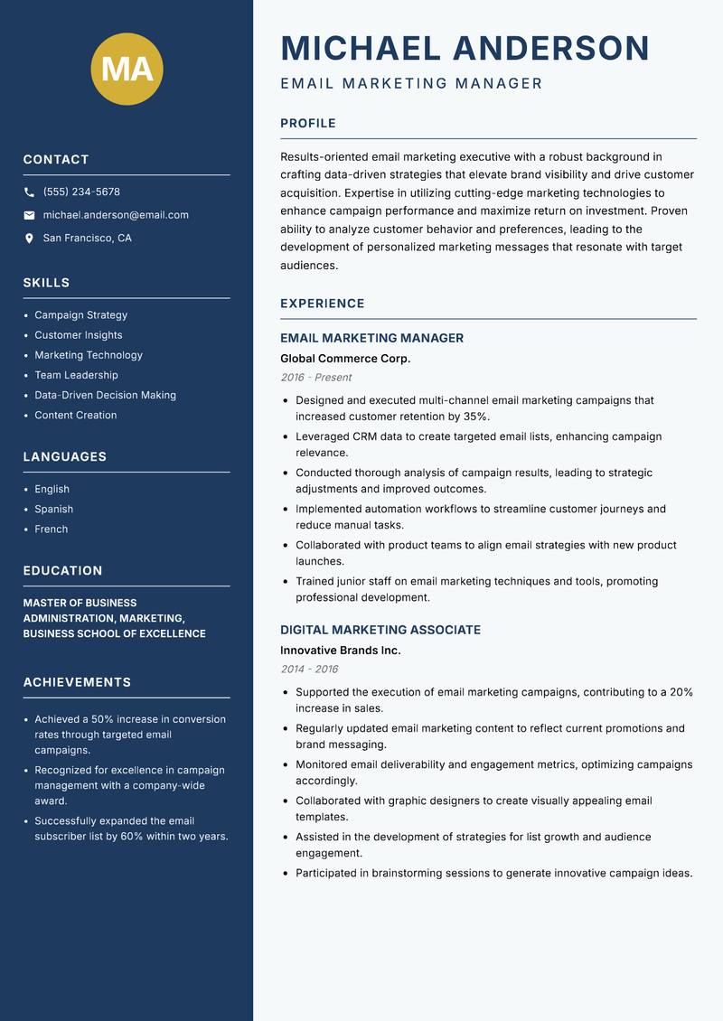 Email Marketing Executive resume template — Classic Clean