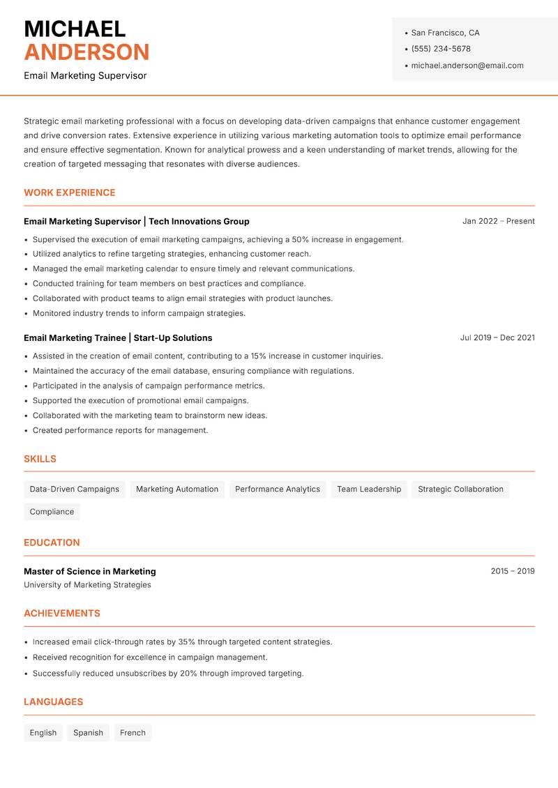 Email Marketing Executive resume template — Modern Professional