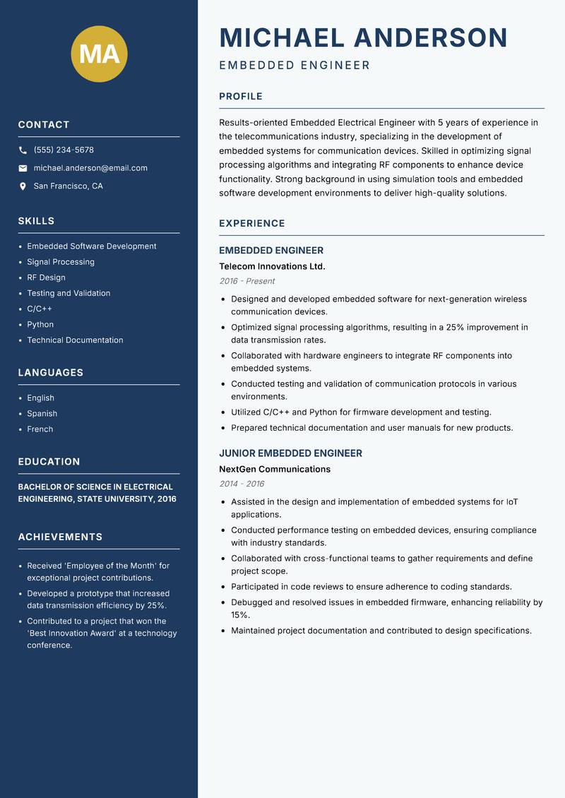 Embedded Electrical Engineer resume template — Classic Clean