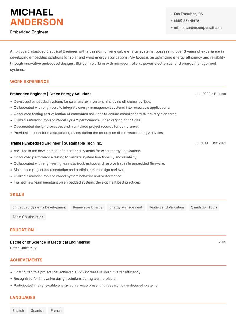 Embedded Electrical Engineer resume template — Modern Professional