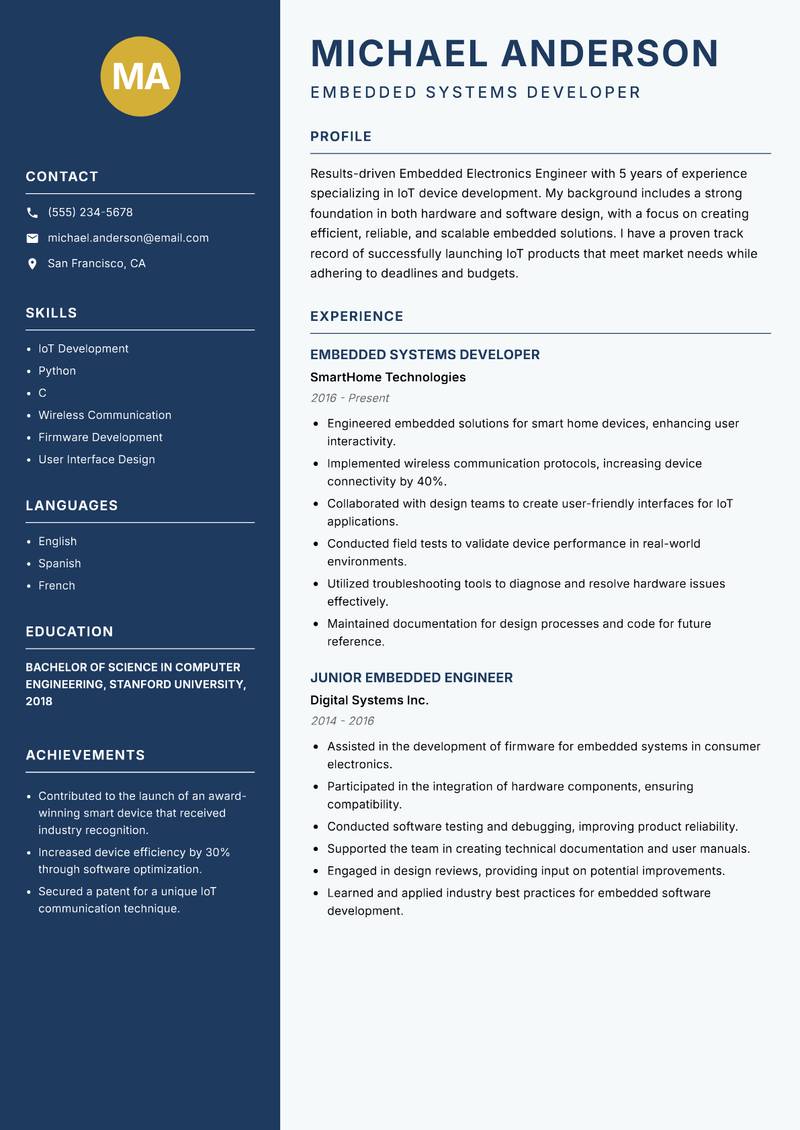 Embedded Electronics Engineer resume template — Classic Clean