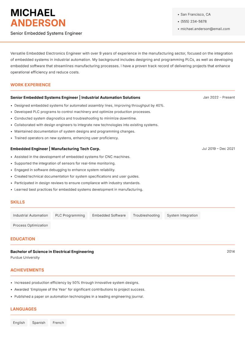 Embedded Electronics Engineer resume template — Modern Professional