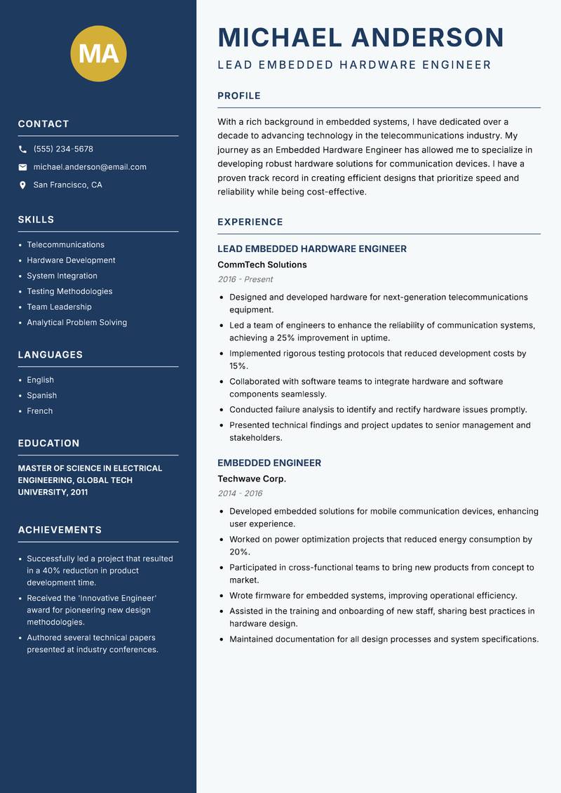 Embedded Hardware Engineer resume template — Classic Clean