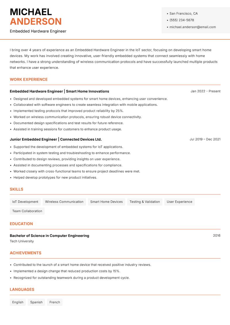 Embedded Hardware Engineer resume template — Modern Professional