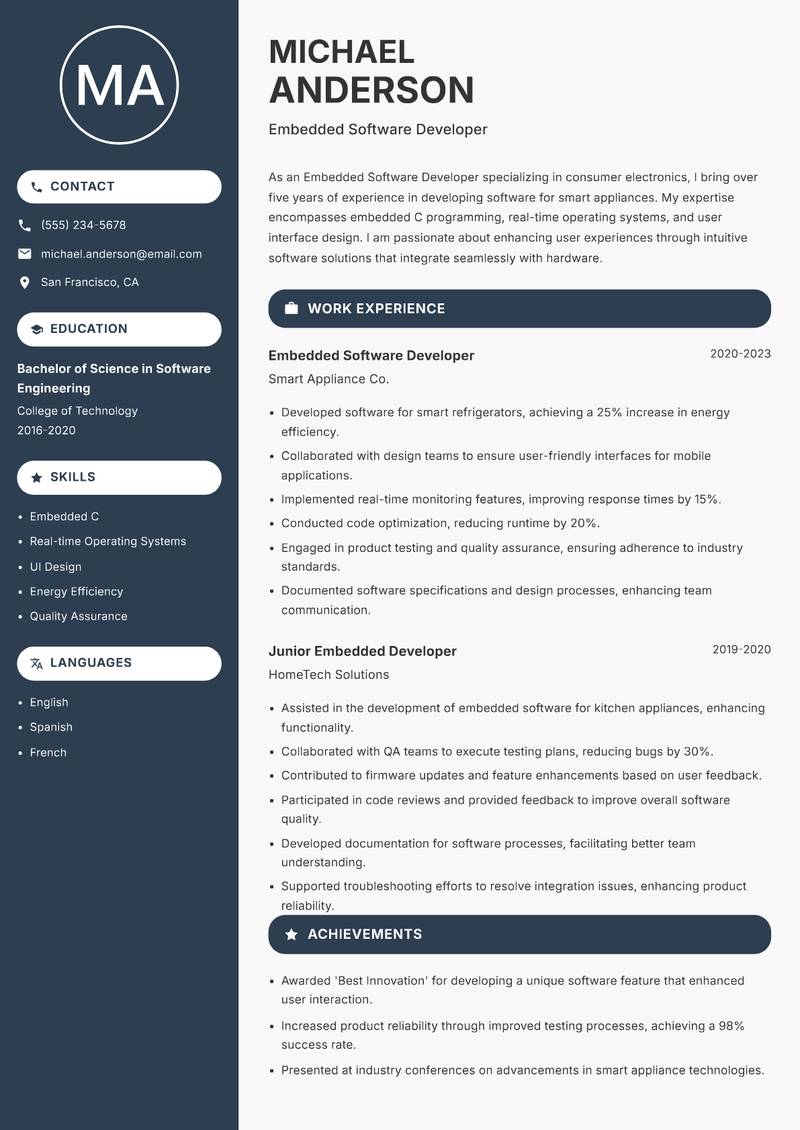 Embedded Software Developer resume template — Compact