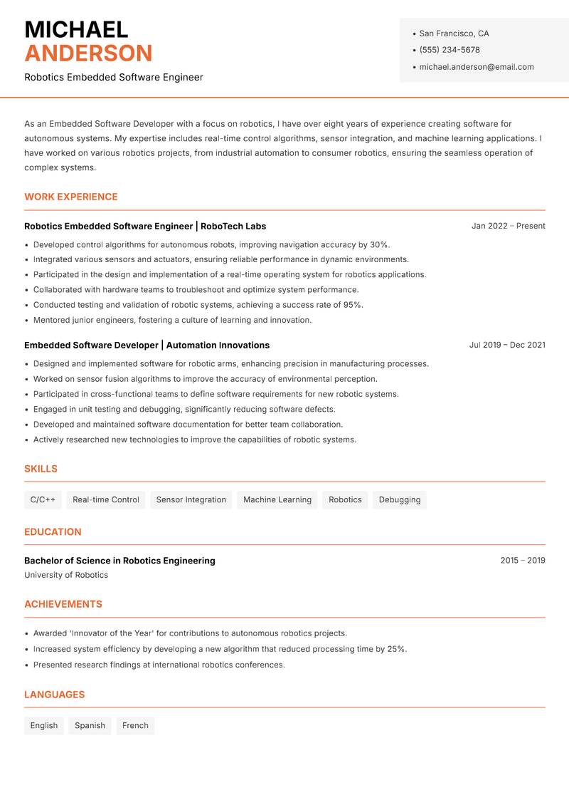 Embedded Software Developer resume template — Modern Professional