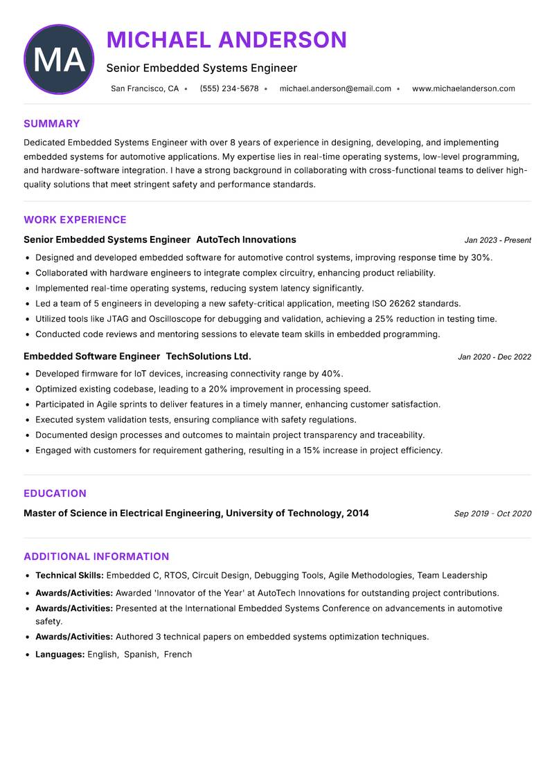 Embedded Systems Engineer resume example — ATS-friendly template