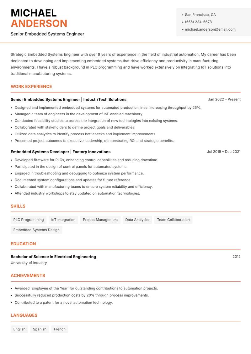 Embedded Systems Engineer resume template — Modern Professional