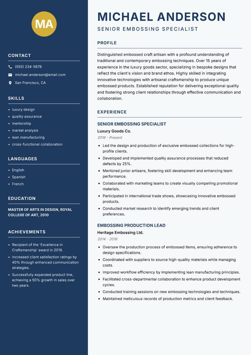 Embossed Craft Artisan resume template — Classic Clean