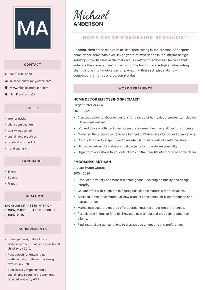 Embossed Craft Artisan resume template — Executive