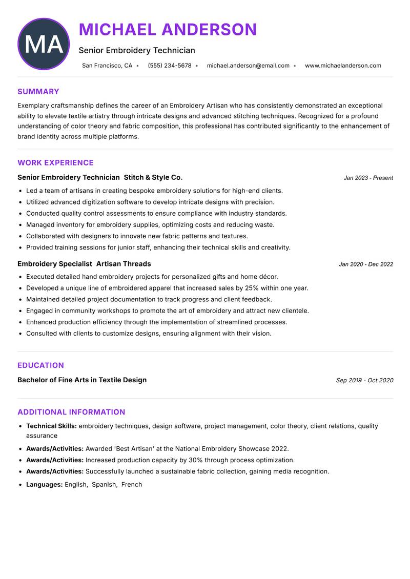Embroidery Artisan resume example — ATS-friendly template