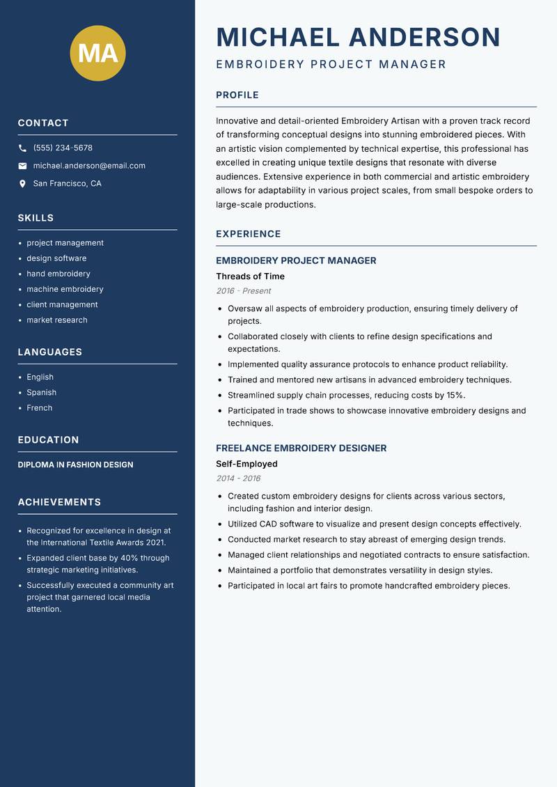 Embroidery Artisan resume template — Classic Clean