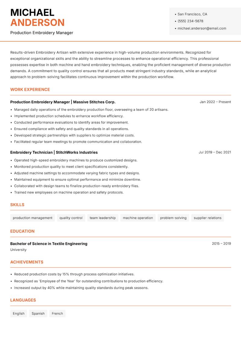 Embroidery Artisan resume template — Modern Professional